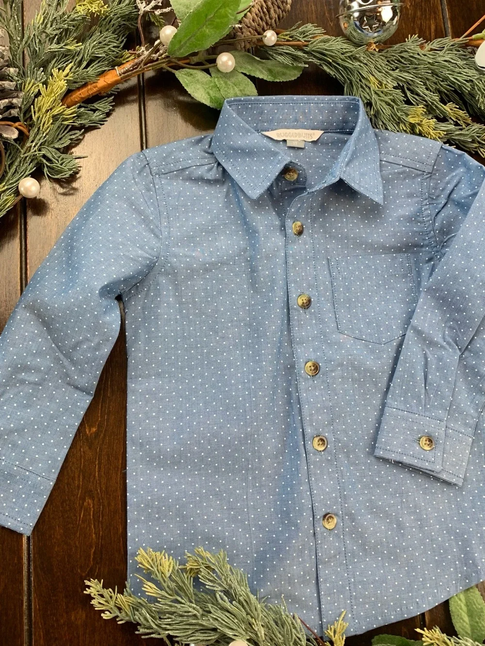 Rugged Butts Chambray Blue Dot-Print Long-Sleeve Button-Down Shirt for Kids